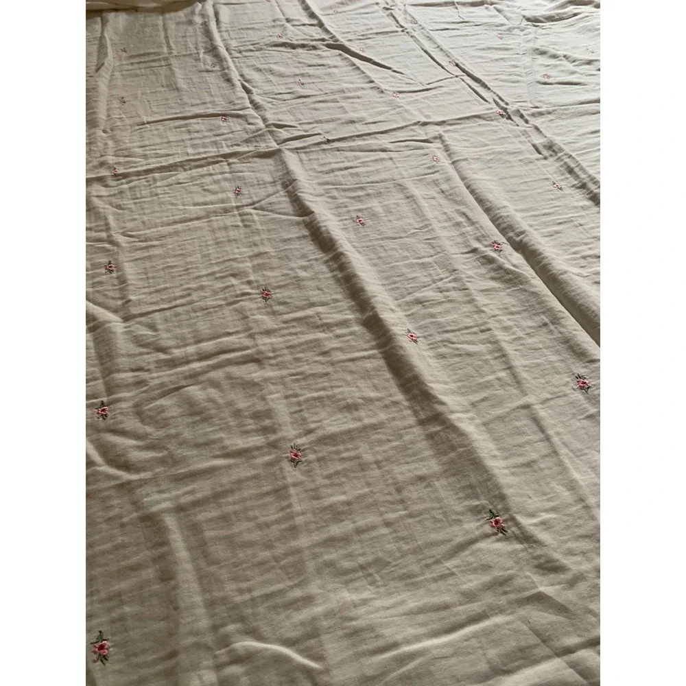 White Cotton Floral Embroidered Shower Curtain Pink Rosebud Cottagecore 70x75